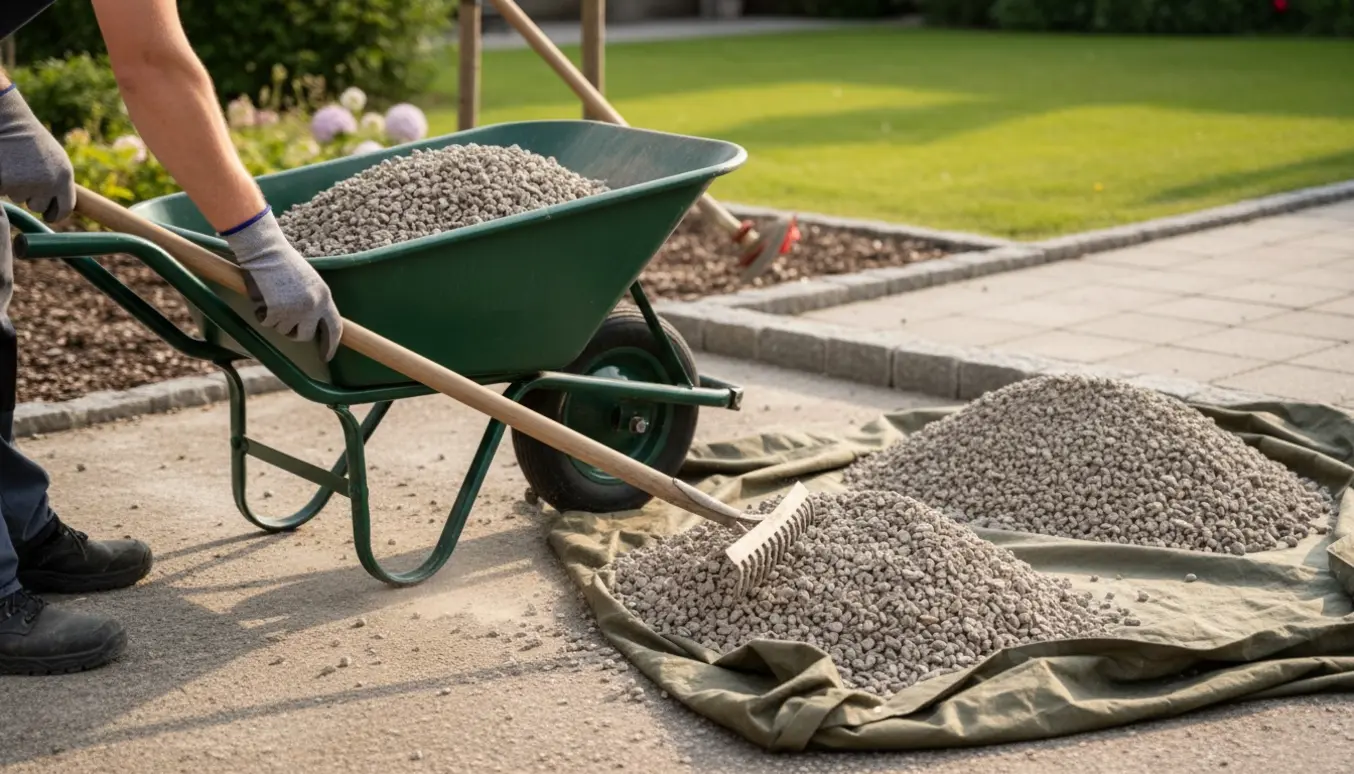 Nærbillede af handsker og værktøj, der samler grus ind i en trillebør i en have.