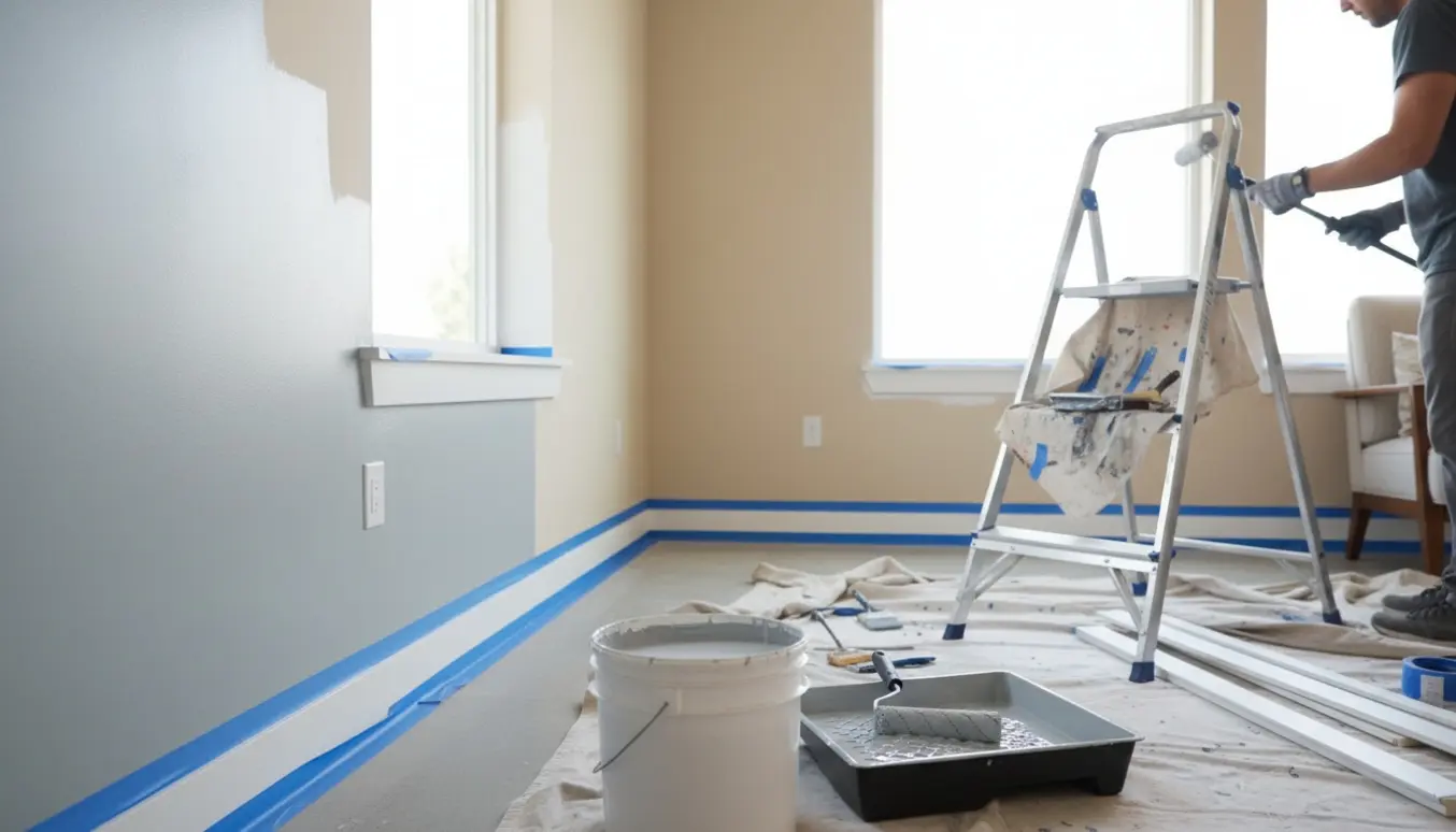 Indendørs malerarbejde i et lyst rum med malerrulle, åben malerspand og afdækningsplast.