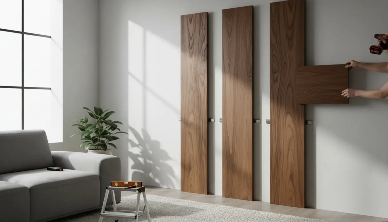 Fire akustikpaneler i røget egetræ monteres uden lim på en gipsvæg i en lys stue med værktøj og beslag synligt.