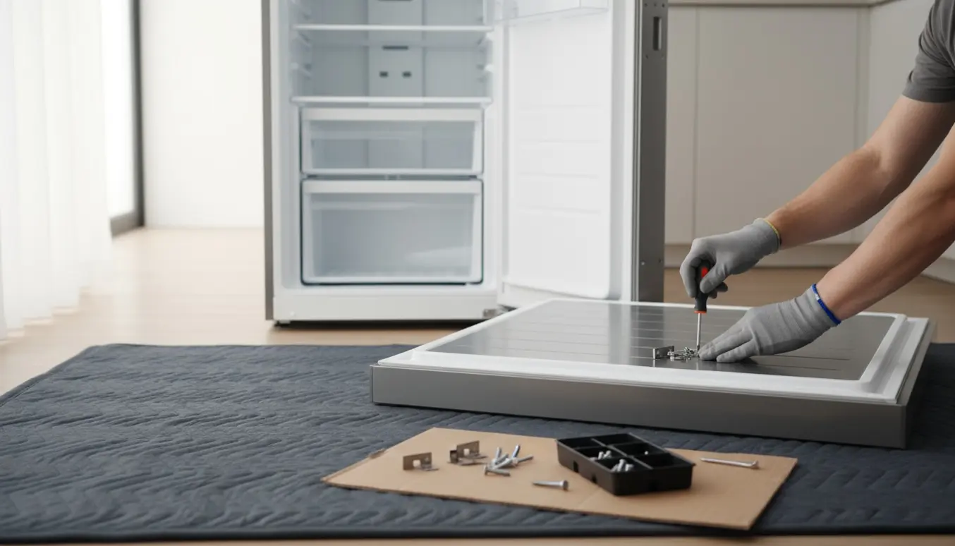 En tekniker vender hængslet på en rustfri fryseskabsdør med skruer og værktøj organiseret på et tæppe.