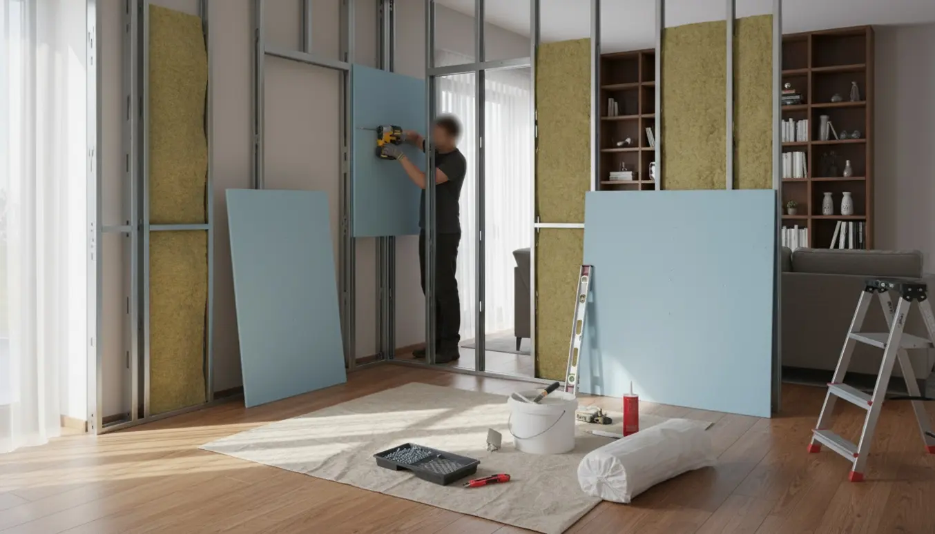 Delvist opført gipsvæg med døråbning og lydisolering i en vinkelstue, omgivet af værktøj og materialer.