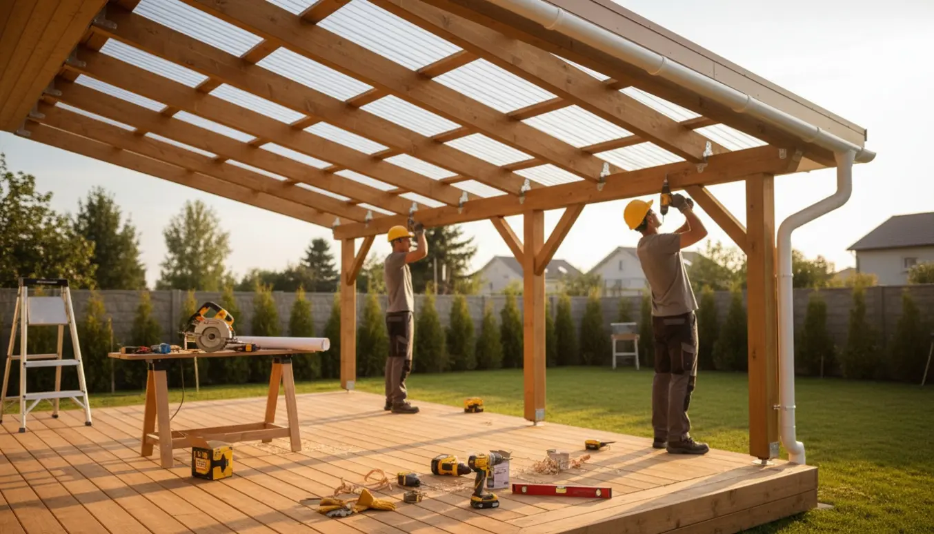 Overdækket træterrasse under opførelse med træbjælker, plasttag og tagrende i baghaven.