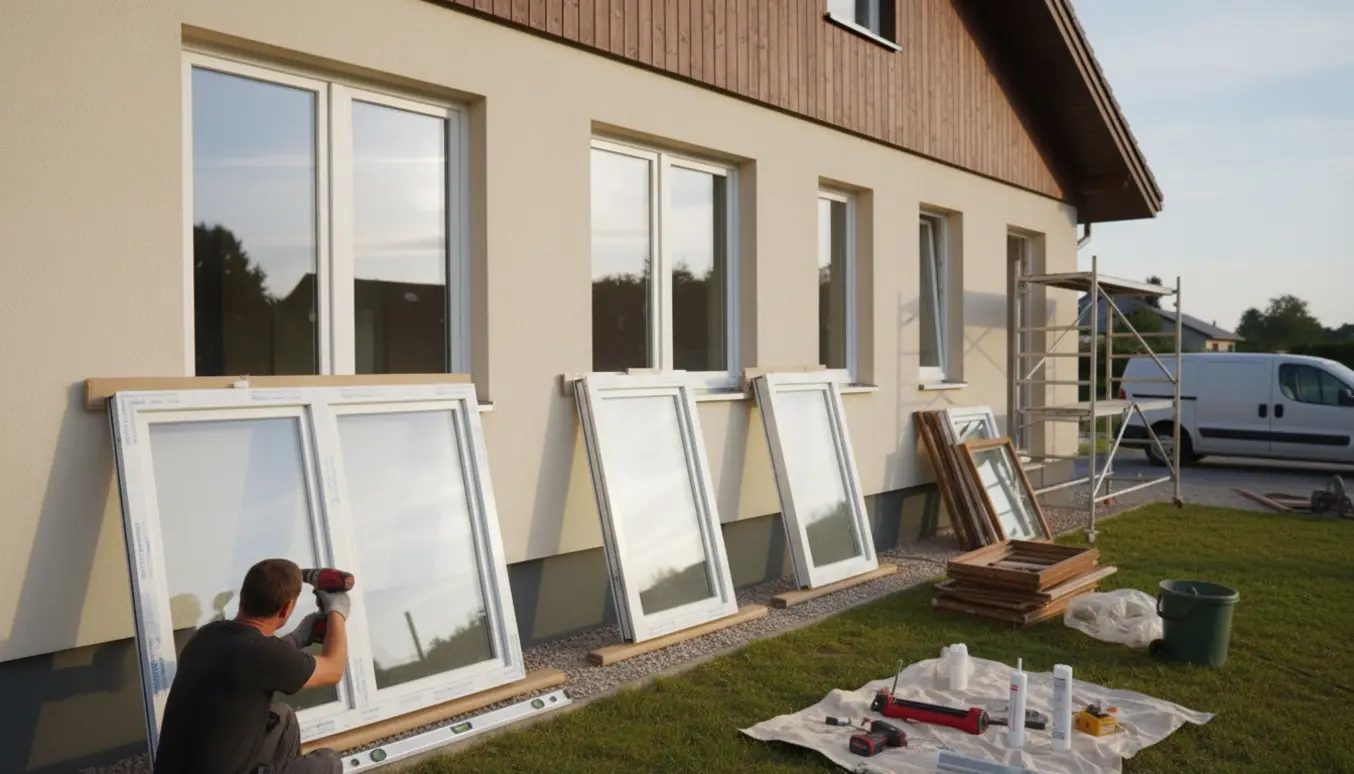 Hænder monterer nye hvide vinduer på en enplansvilla med gamle rammer og værktøj i baggrunden.