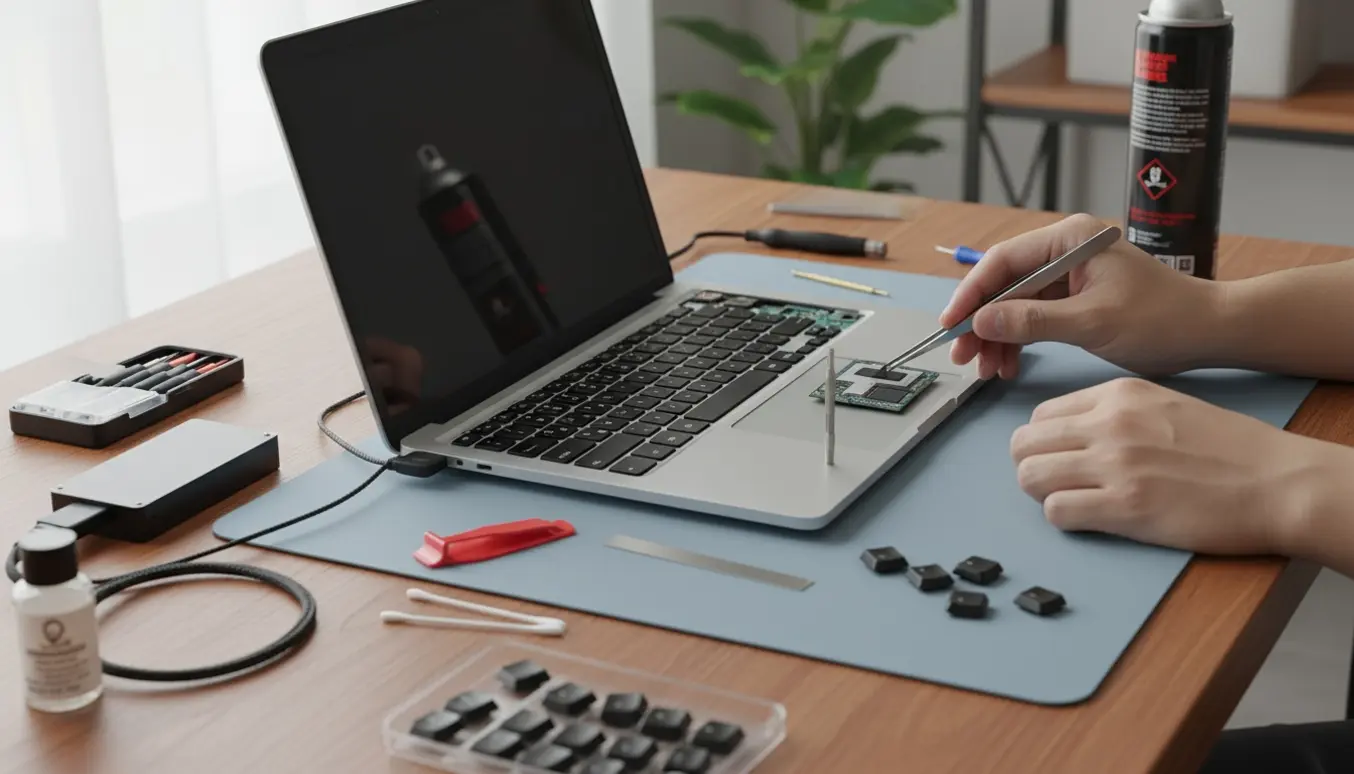 Hænder reparerer en bærbar med fjernede taster, værktøj og en ny SSD klar til installation.