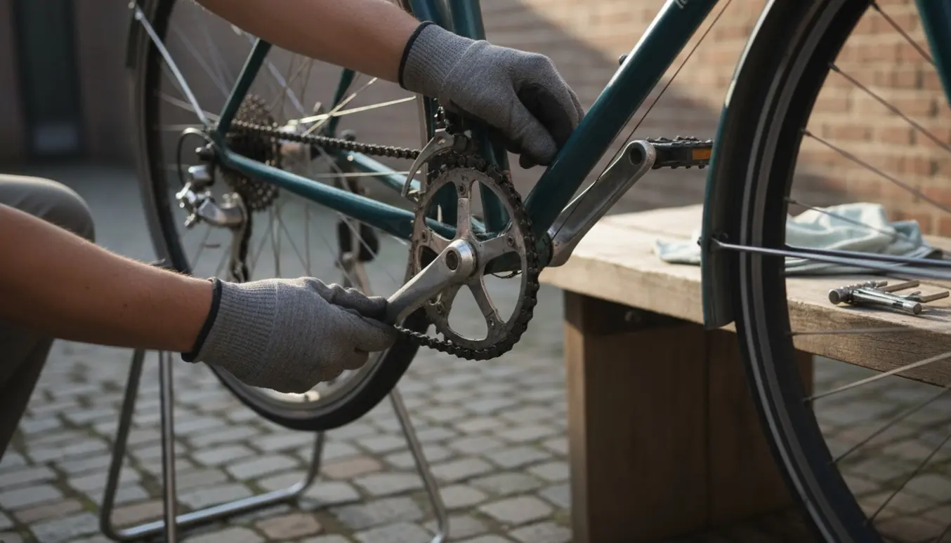 Hænder sætter en cykelkæde på ved kædehjul og bagskifter på en almindelig cykel i blødt naturligt lys.