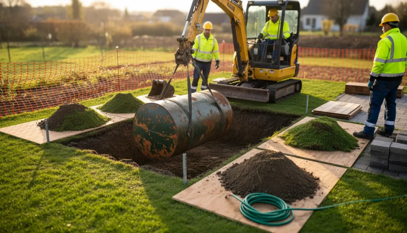 Lille gravemaskine løfter en gammel olietank op af en baghaveudgravning ved siden af bunker af jord og terrassebrædder.