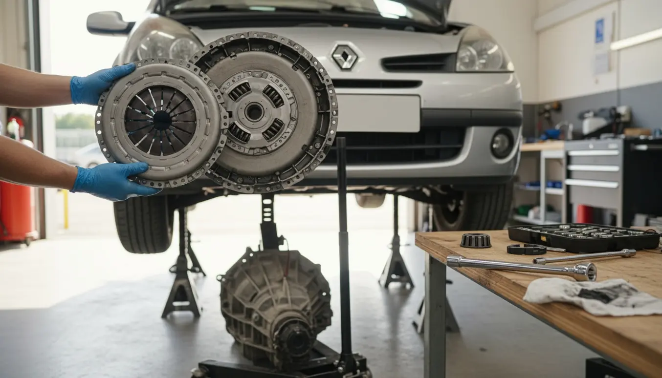 Nærbillede af en ny koblingsskive der monteres på en hatchback i en solbelyst garage.