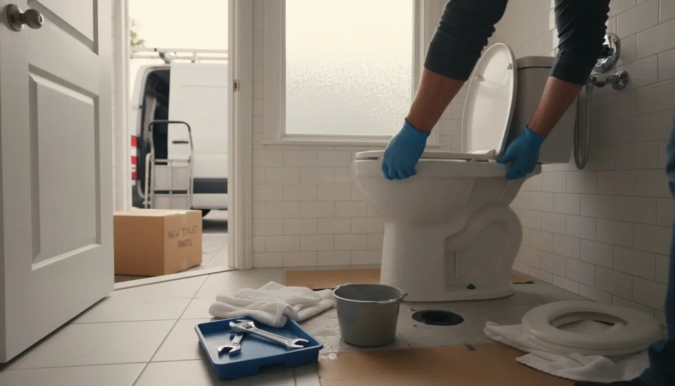 Et toilet fjernes i et badeværelse med værktøj og nyt toilet i emballage klar i gangen.