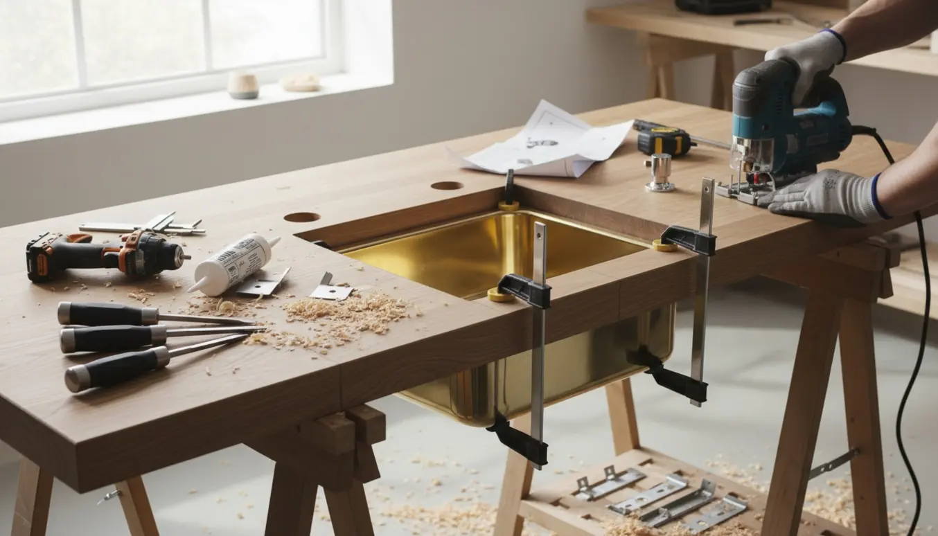 En massiv askebordplade forberedes til en underlimet messingvask med værktøj og mål.