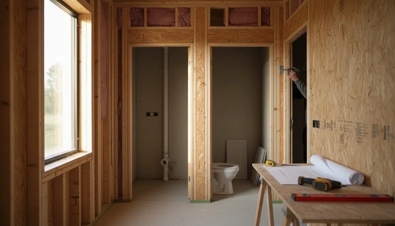 Indre af et lille anneks under opførsel med rå trærammer, to døråbninger og toiletinstallation.