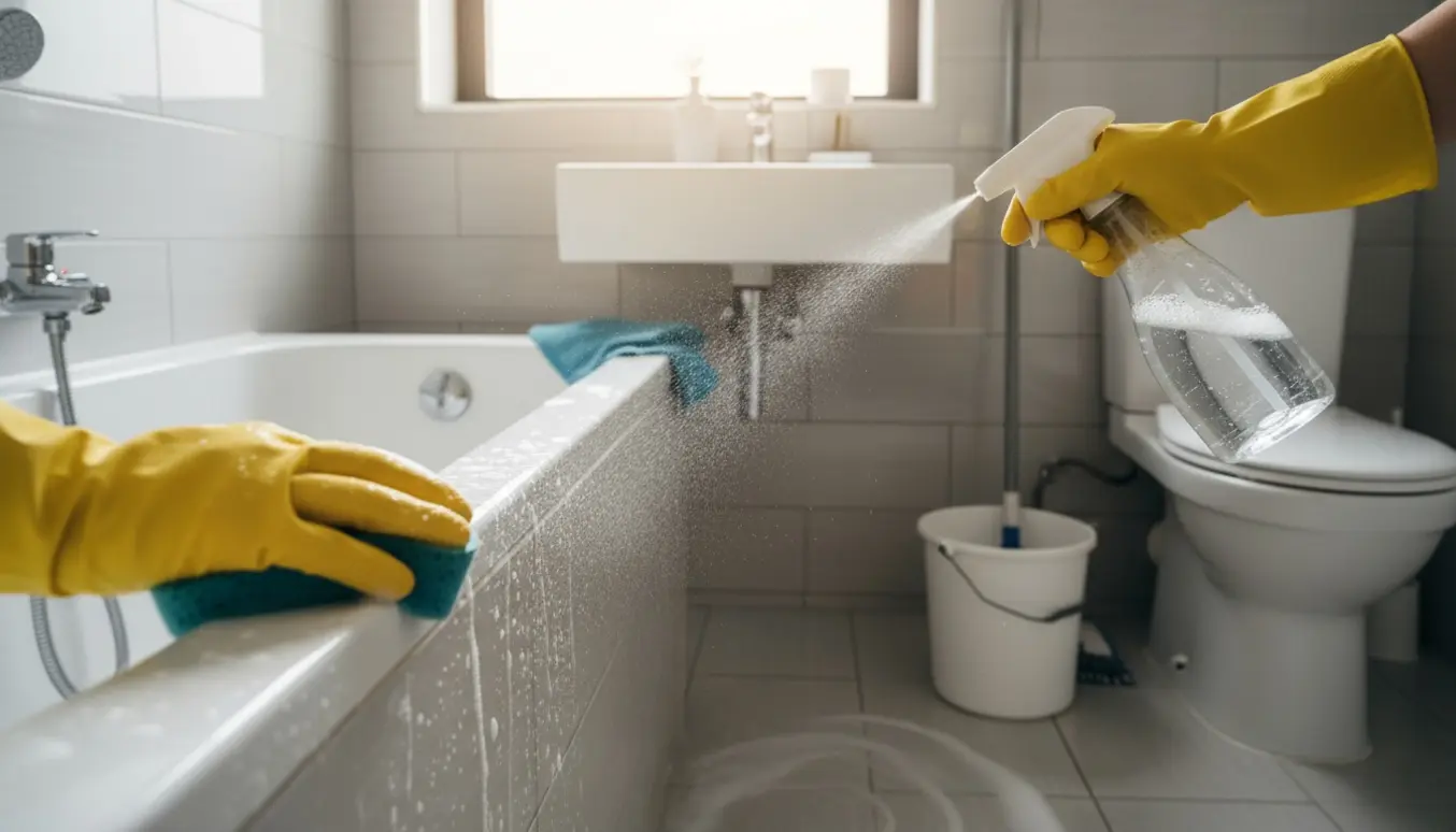 Hænder i gule handsker rengør badekar, håndvask og toilet i et solbelyst badeværelse.