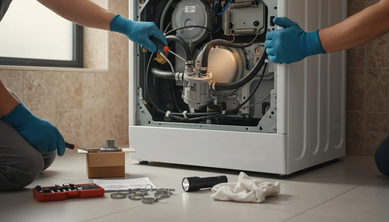 Hænder udskifter afløbspumpe på en hvid vaskemaskine trukket ud i bryggerset med værktøj og reservedel ved siden af.