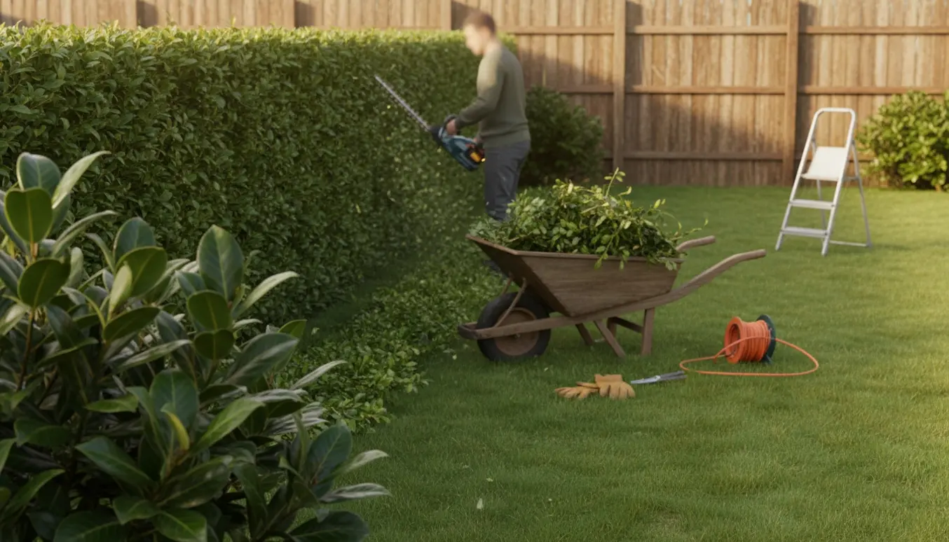 En person trimmer laurbær og ligusterhæk i en sollys have, set bagfra med grene og værktøj på græsset.