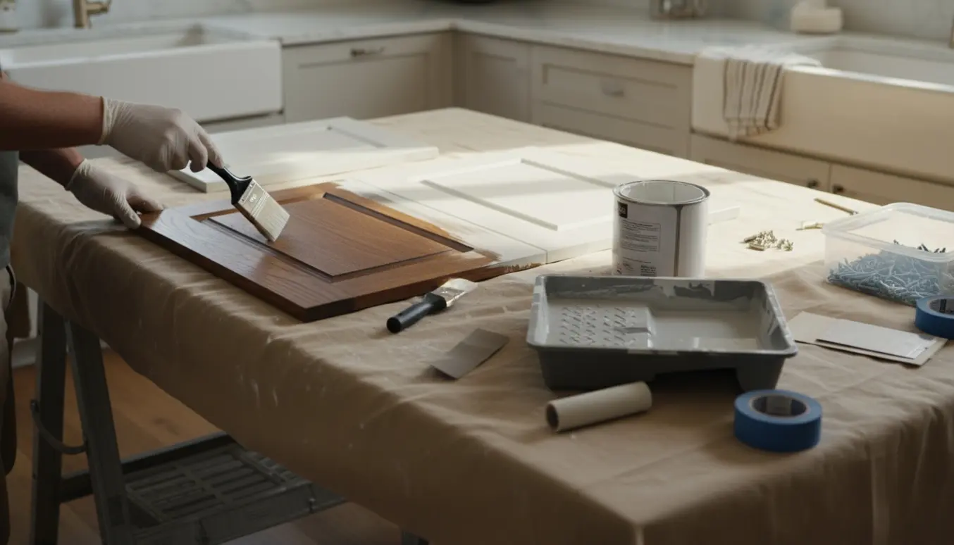 Hænder maler køkkenskabslåger lagt på afdækning med pensel, malerbøtte og værktøj i et lyst køkken.