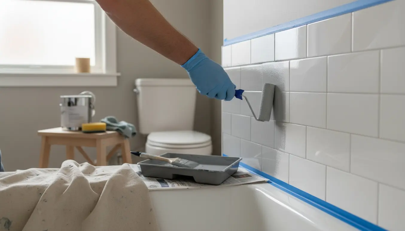 Hænder maler badeværelsesfliser med rulle og pensel, med afdækning og frisk maling i et lyst badeværelse.