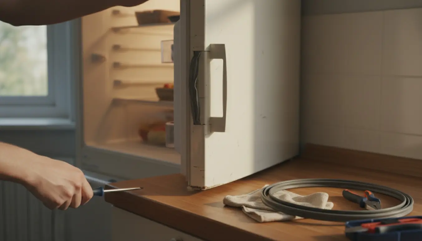 Et ældre køleskab med døren på klem, hvor tæt pågående hænder og værktøj viser reparation af en slidt dørpakning.