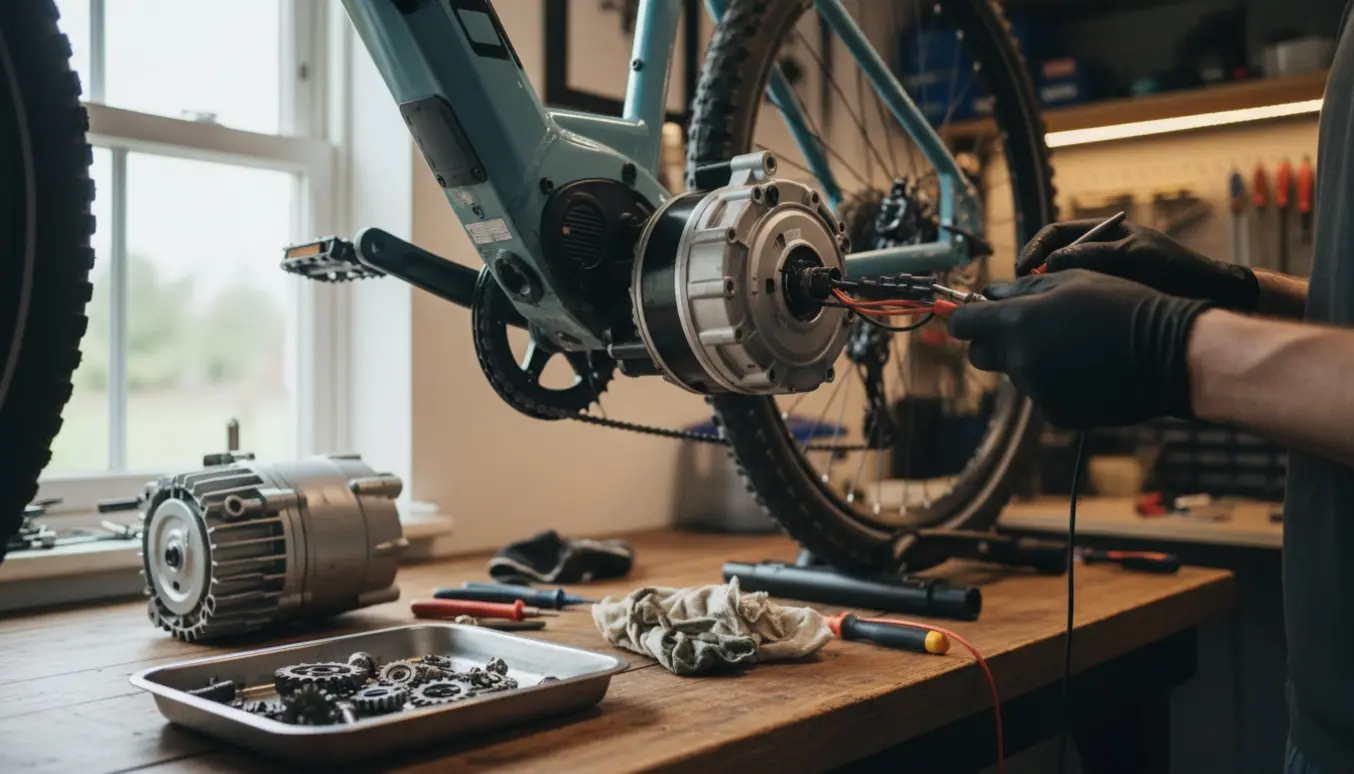 El-cykel på værkstedsstativ med motor adskilt, mekaniker i handsker arbejder med værktøj for at reparere eller udskifte motoren.