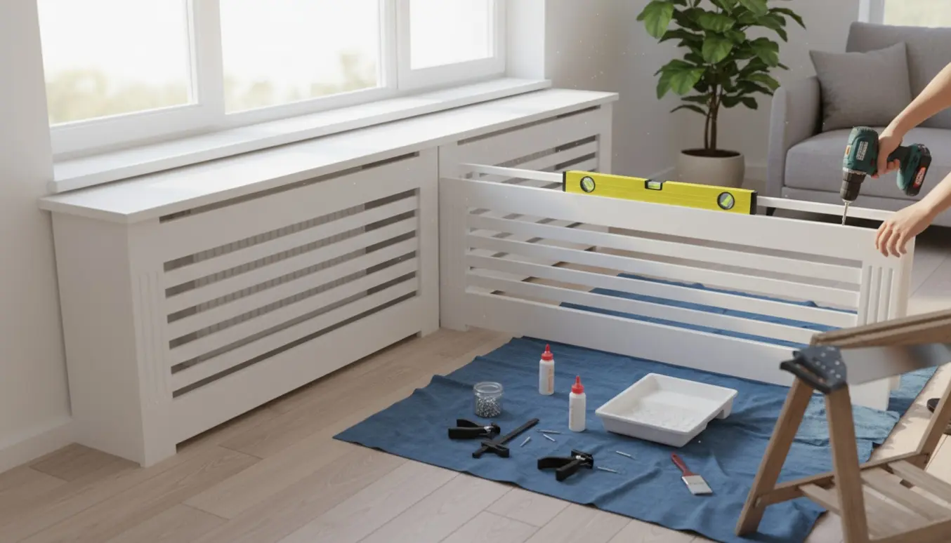 Hænder monterer to hvidmalede radiatorskjulere, integreret med vindueskarmen i en lys stue.