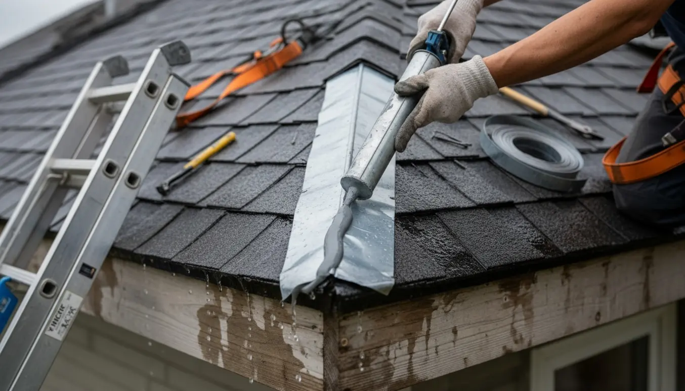 Håndværker reparerer en utæt skotrende på taget ved udhænget.