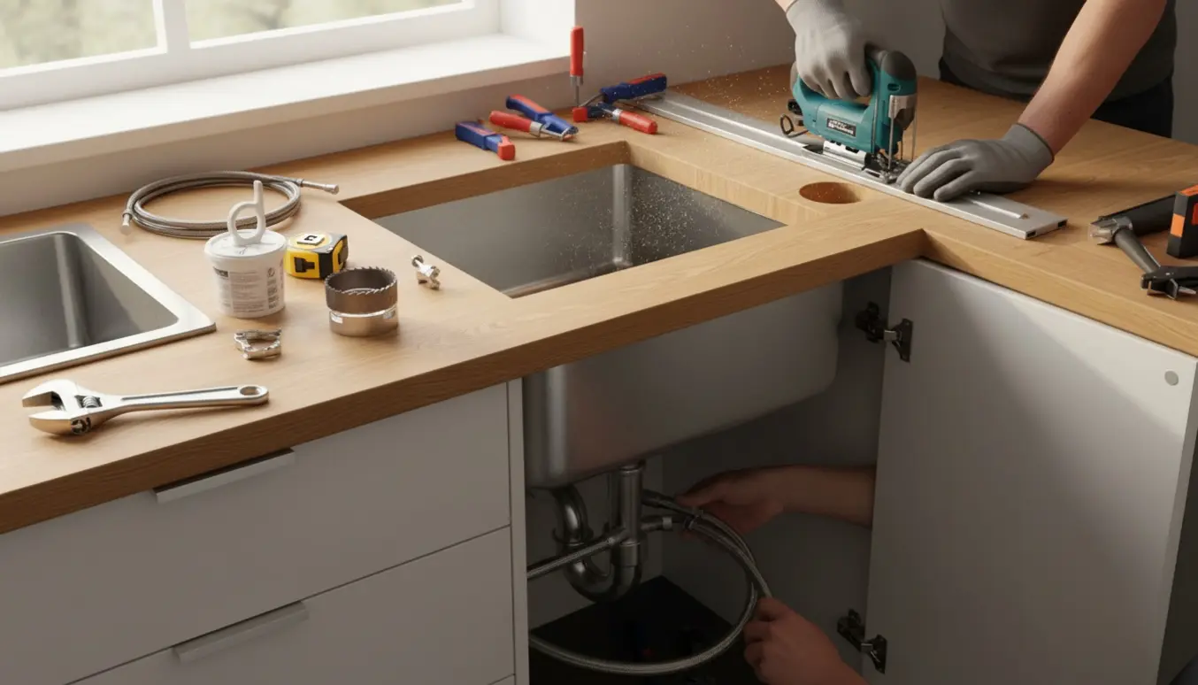Tilpasning af køkkenbordplade med udskæring til vask og tilslutning af armatur og afløb.