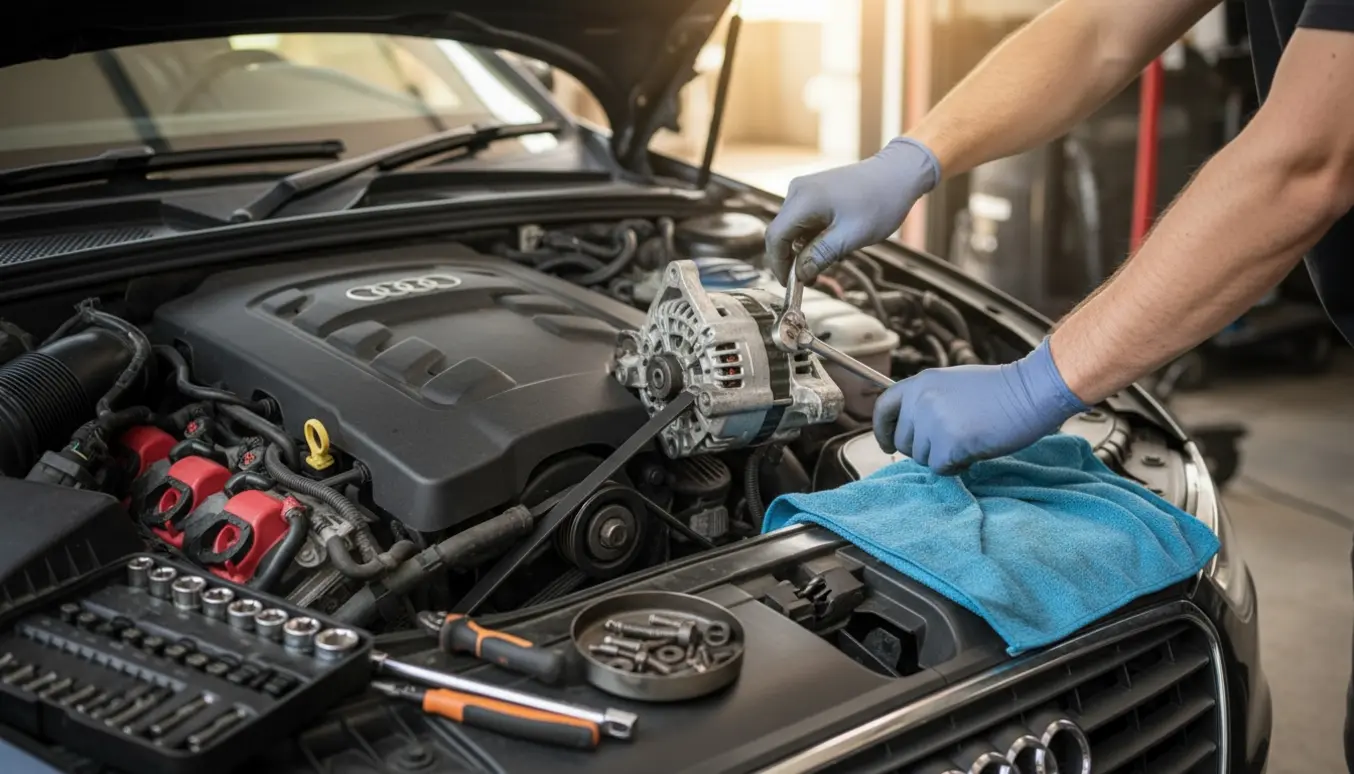 Nærbillede af motorrum hvor en ny generator ligger klar til udskiftning på en Audi A4 B8 2.0 TDI.