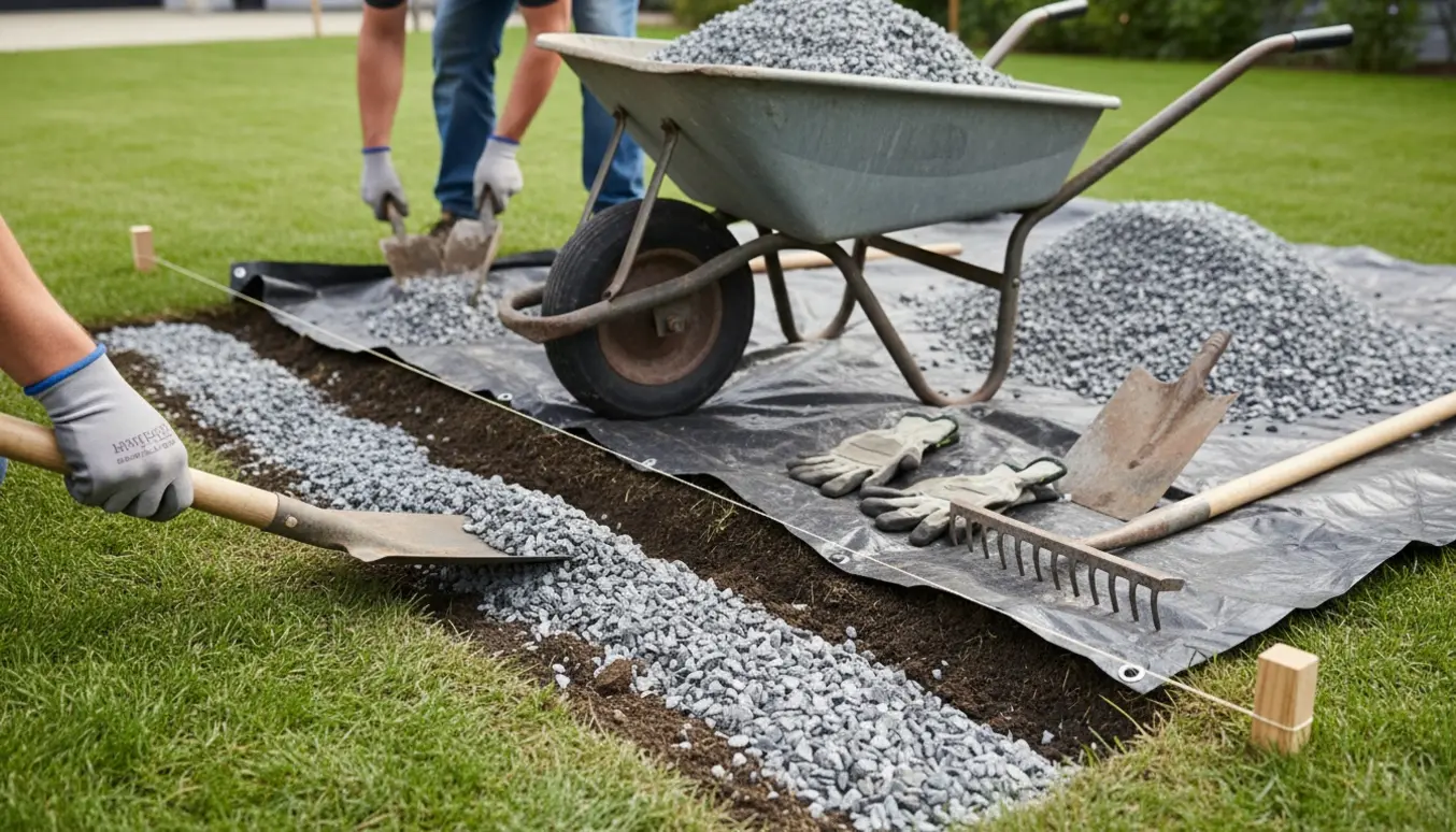 Nærbillede af gravearbejde og fjernelse af granitskærver med skovl og trillebør i en baghave.