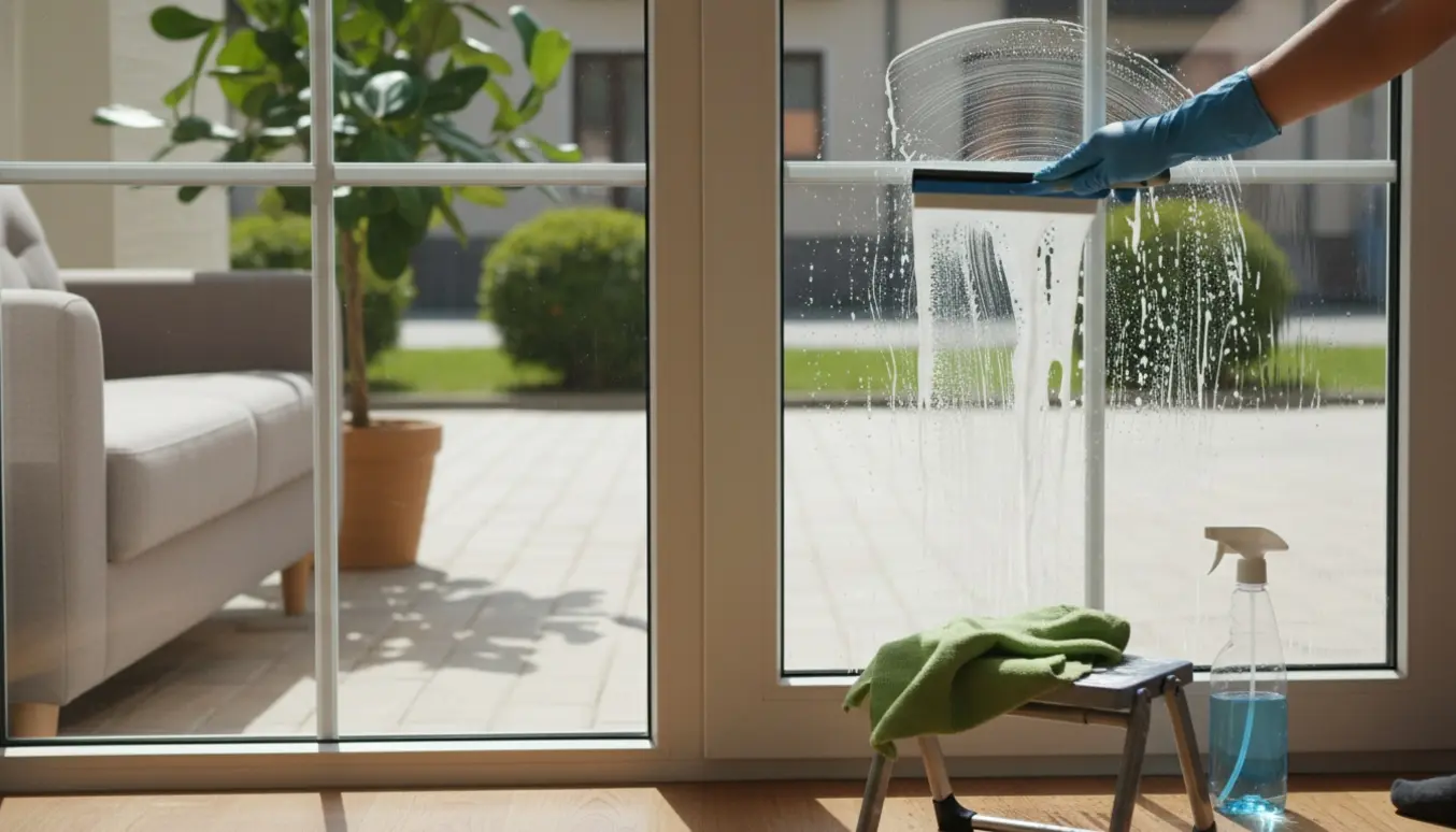Hænder pudser et vindue i en stueetagelejlighed med en sprøjteflaske og vinduesskraber.