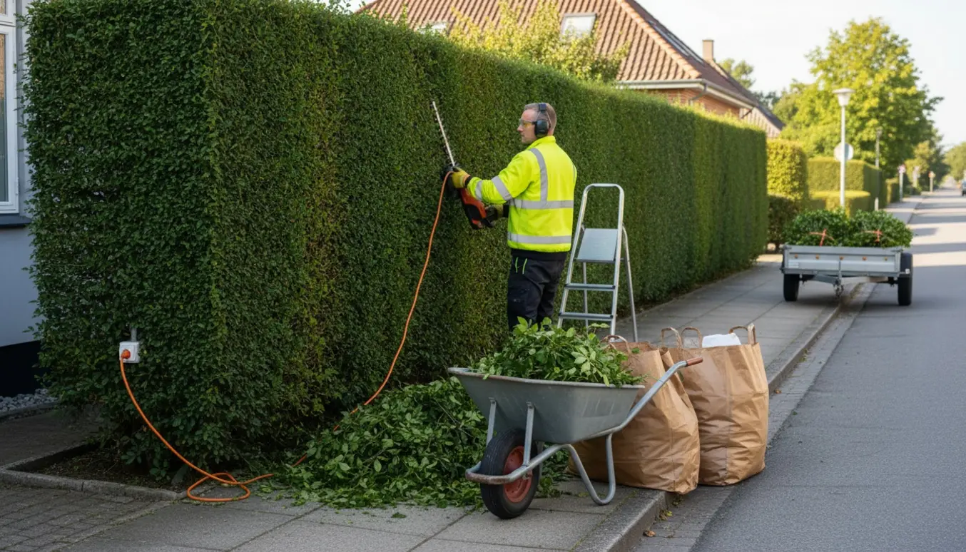 Professionel klipning af en høj hæk langs en villavej i Odense med trillebør fyldt med afklip og et forlængerkabel til en elektrisk hækkeklipper.
