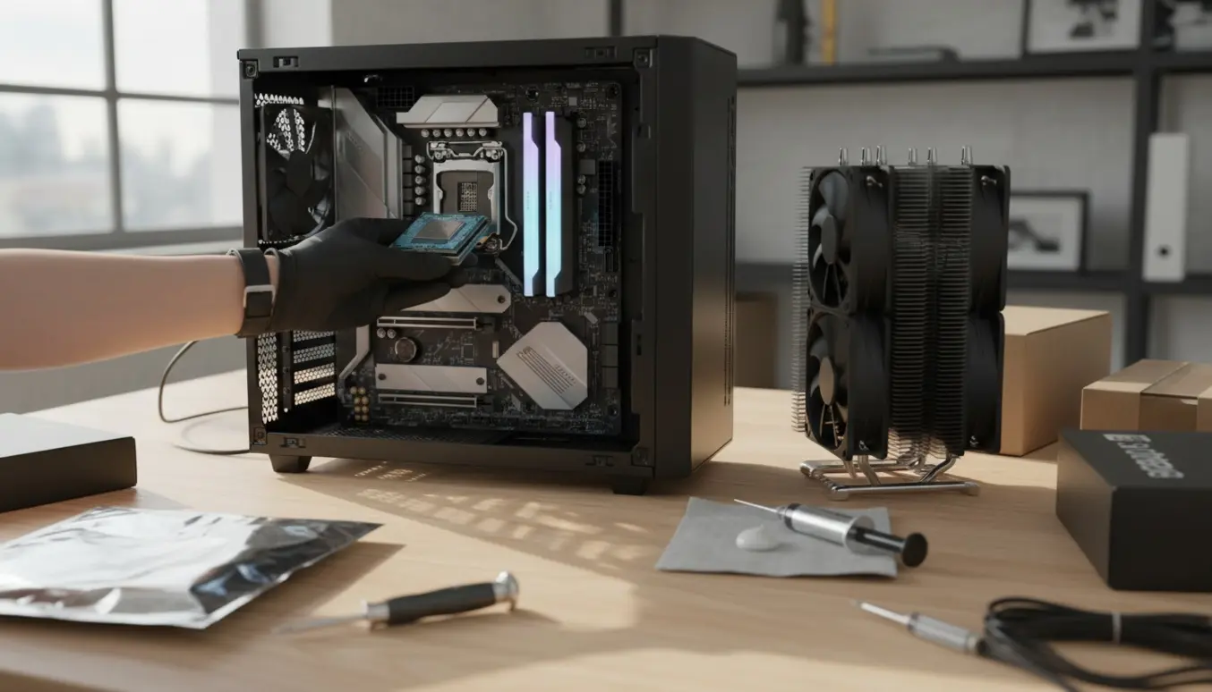 Nærbillede af en åben PC på et bord, hvor en person (ansigt skjult) installerer CPU og RGB DDR5-ram med køler og værktøj ved siden af.