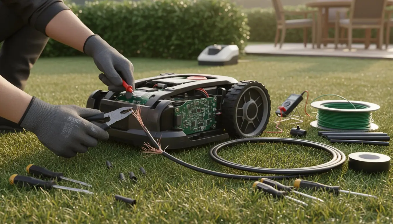 Hænder reparerer en robotplæneklipper med et synligt brudt kabel og værktøj i en baghave.