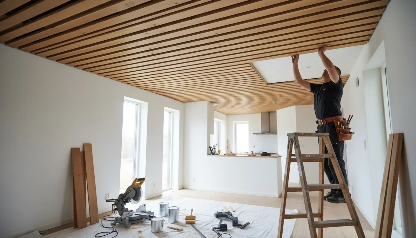Installering af trælisteloft i stue og køkken med håndværker på tre-trins stige og værktøj i forgrunden.