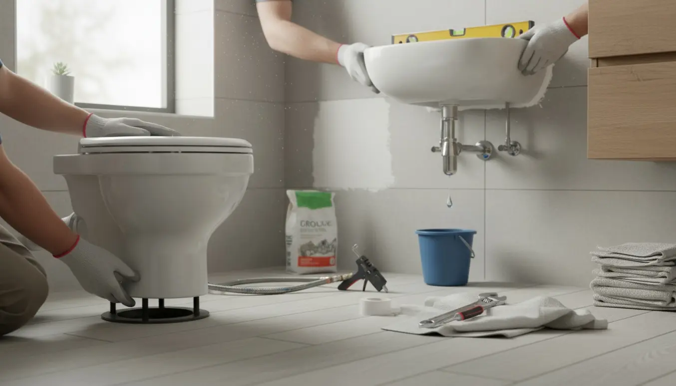 Nyt toilet og lille håndvask monteres i et lyst badeværelse med værktøj og åbne VVS-forbindelser.