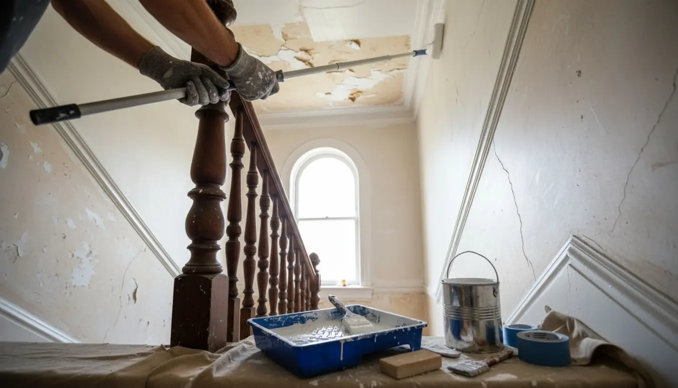 Trappeopgang fra 1920 under maling med hvid maling, malergrej og afdækket trappe.