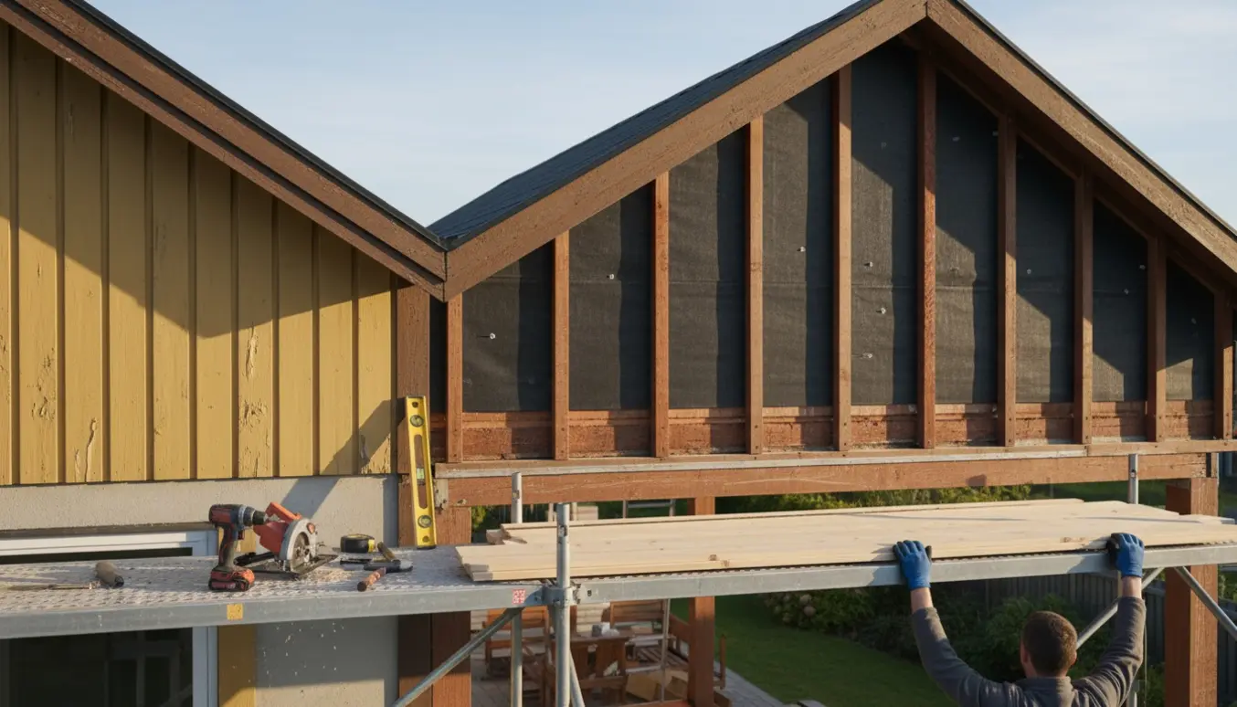 Udskiftning af en gavl på et 70'er-hus med monteret vindspærre, nye træbrædder, stillads og værktøj.