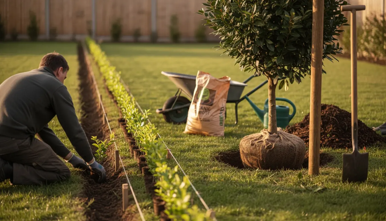 Nærbillede af plantning af bøgehæk og et kirsebærlaurbærtræ i en have med spade og vandkande.