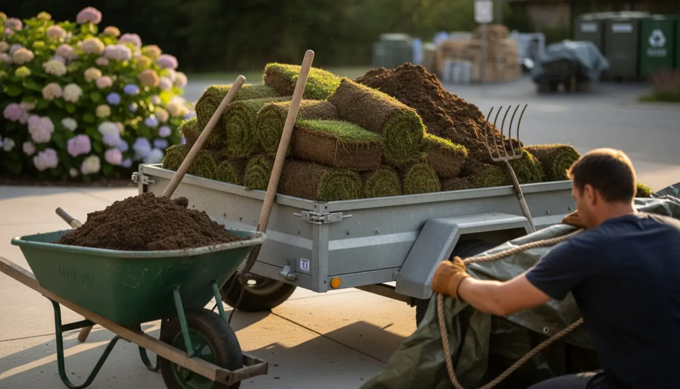 En lille trailer fyldt med græstørv og en trillebør på indkørslen klar til bortkørsel.