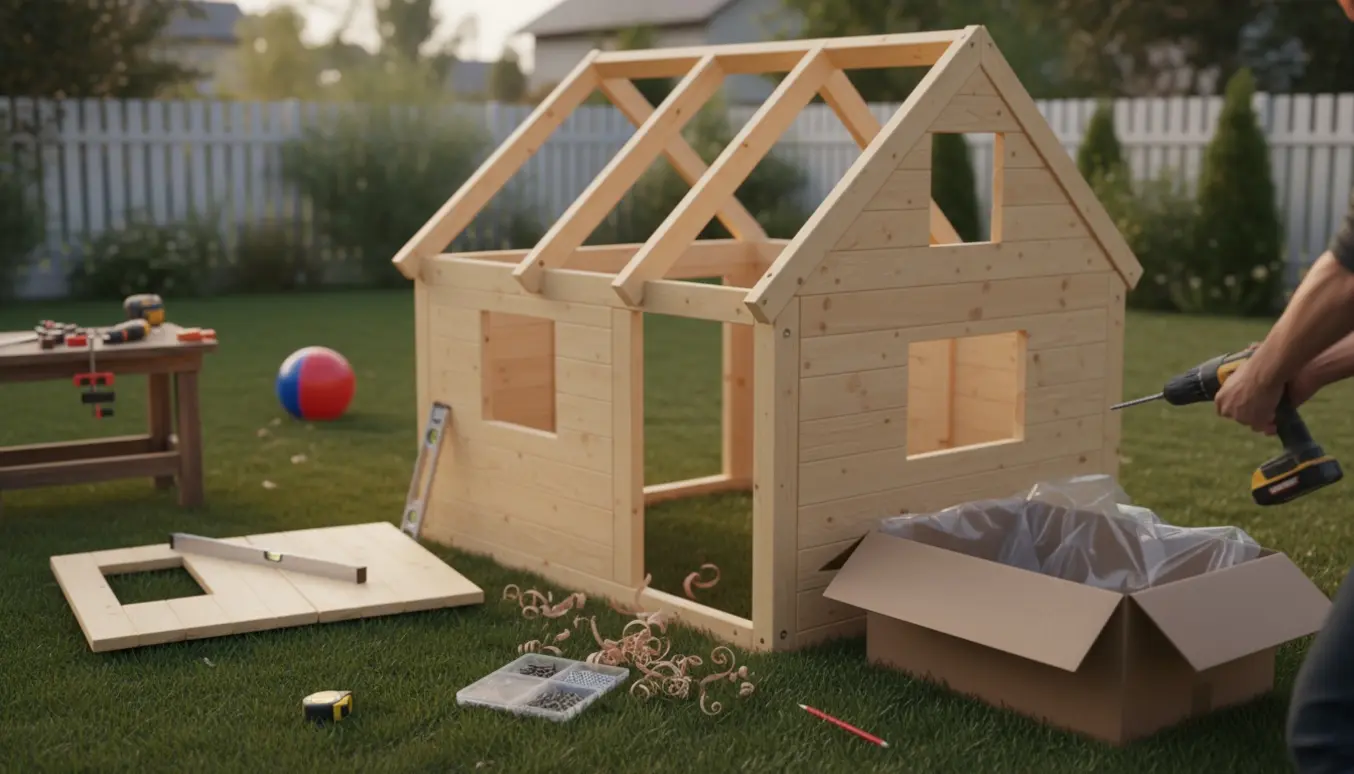 Delvist samlet trælegehus i baghaven med en person, der spænder skruer med en boremaskine uden synligt ansigt.