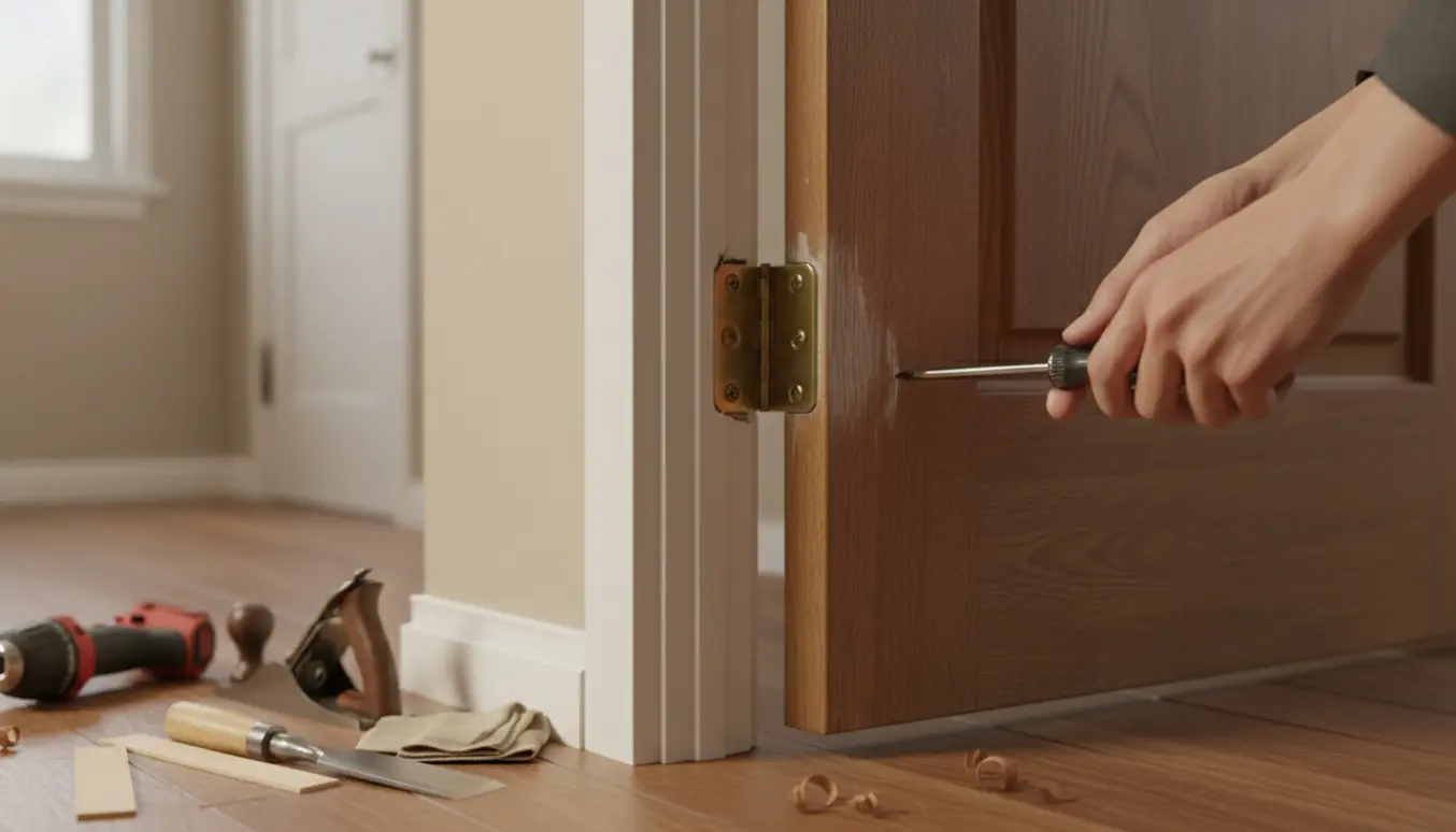 Nærbillede af en skæv inderdør, hvor toppen gnider mod karmen, mens hængsler justeres med værktøj.