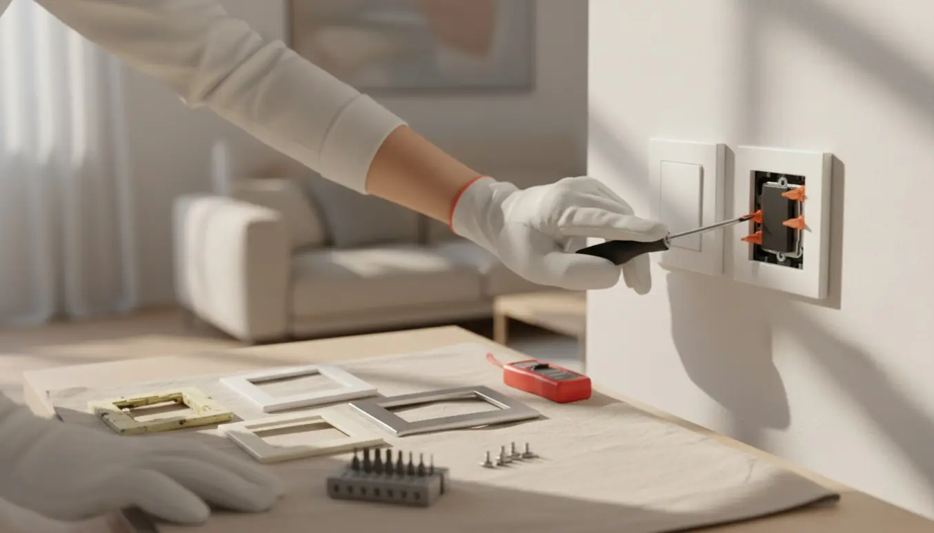 Nærbillede af hænder, der udskifter rammer og tangenter på stikkontakter med skruetrækker i et lyst hjem.