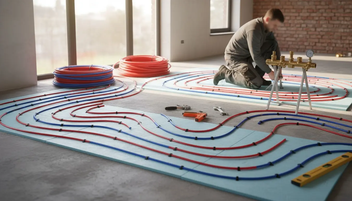Stue under renovering med gulvvarmerør lagt på isolering og koblingsmanifold på gulvet.