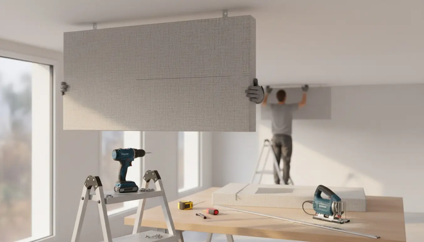 Håndværker tilskærer og monterer akustikpaneler i loftet i et lyst, moderne rum.