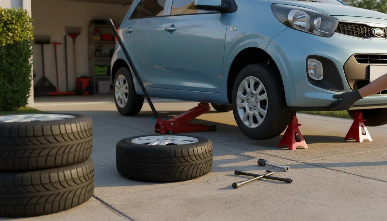 Fire dæk skiftes på en lille Kia Picanto i indkørslen med donkraft, værktøj og en stak nye dæk.