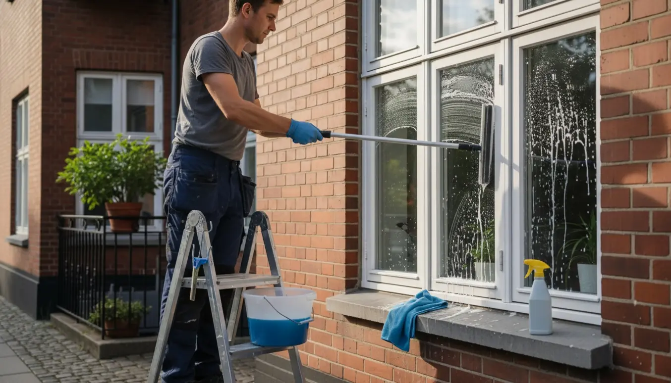 Udendørs vinduespudser på stige rengør en første-sals vindue med svaber og spand.