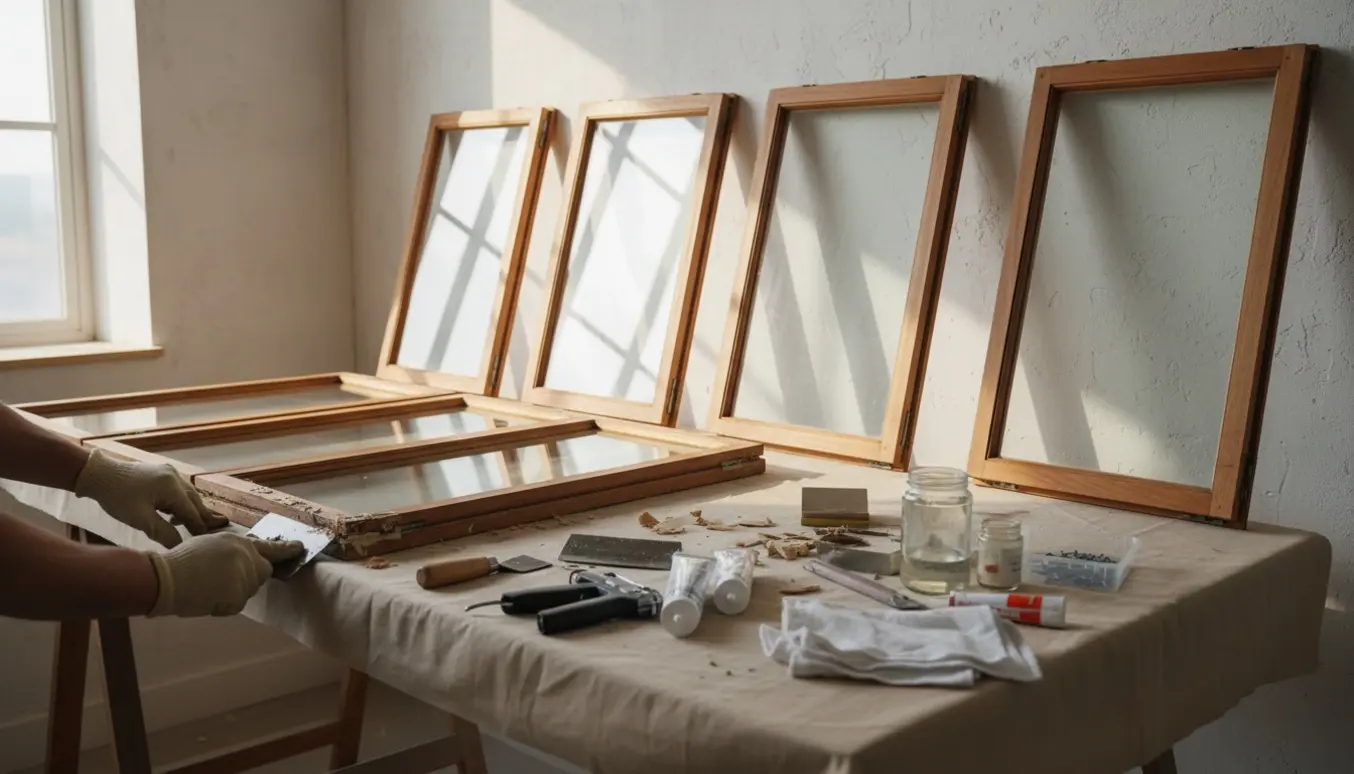 Fire aftagede 50x70 cm vinduer på et arbejdsbord, handskerede hænder fjerner gammelt kit med kitkniv og værktøj.
