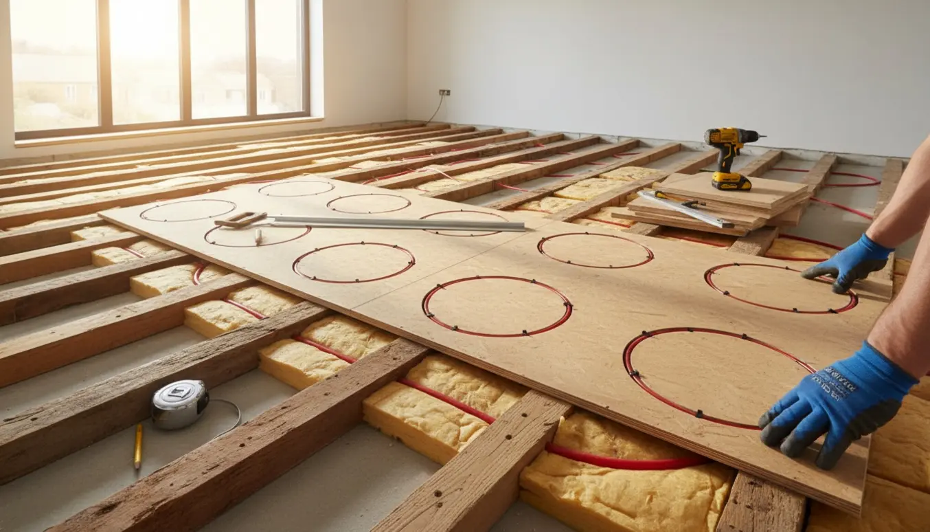 Opbygning af trægulv med genbrugte strøer, 70 mm isoleringsplader og gulvspånplader med spor til gulvvarme.