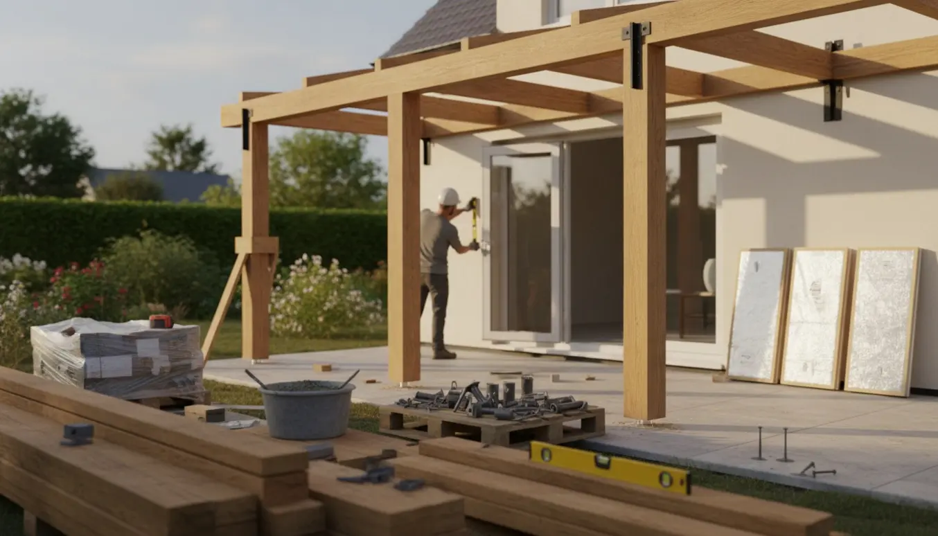 Overdækket terrasse under opbygning med tre støbte stolper, spær og termotag ved dobbeltdøre.