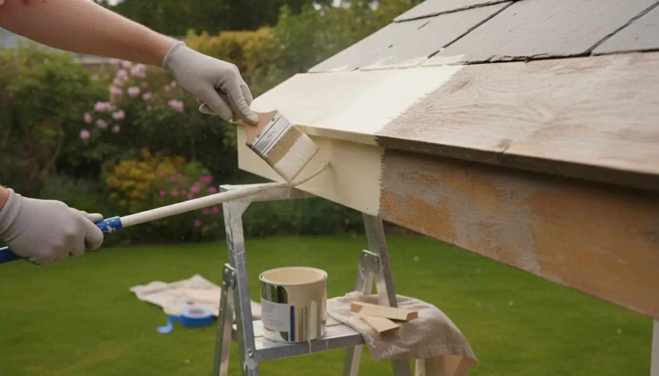 Nærbillede af hænder, der maler træudhæng på et hus med pensel og stige i naturligt dagslys.