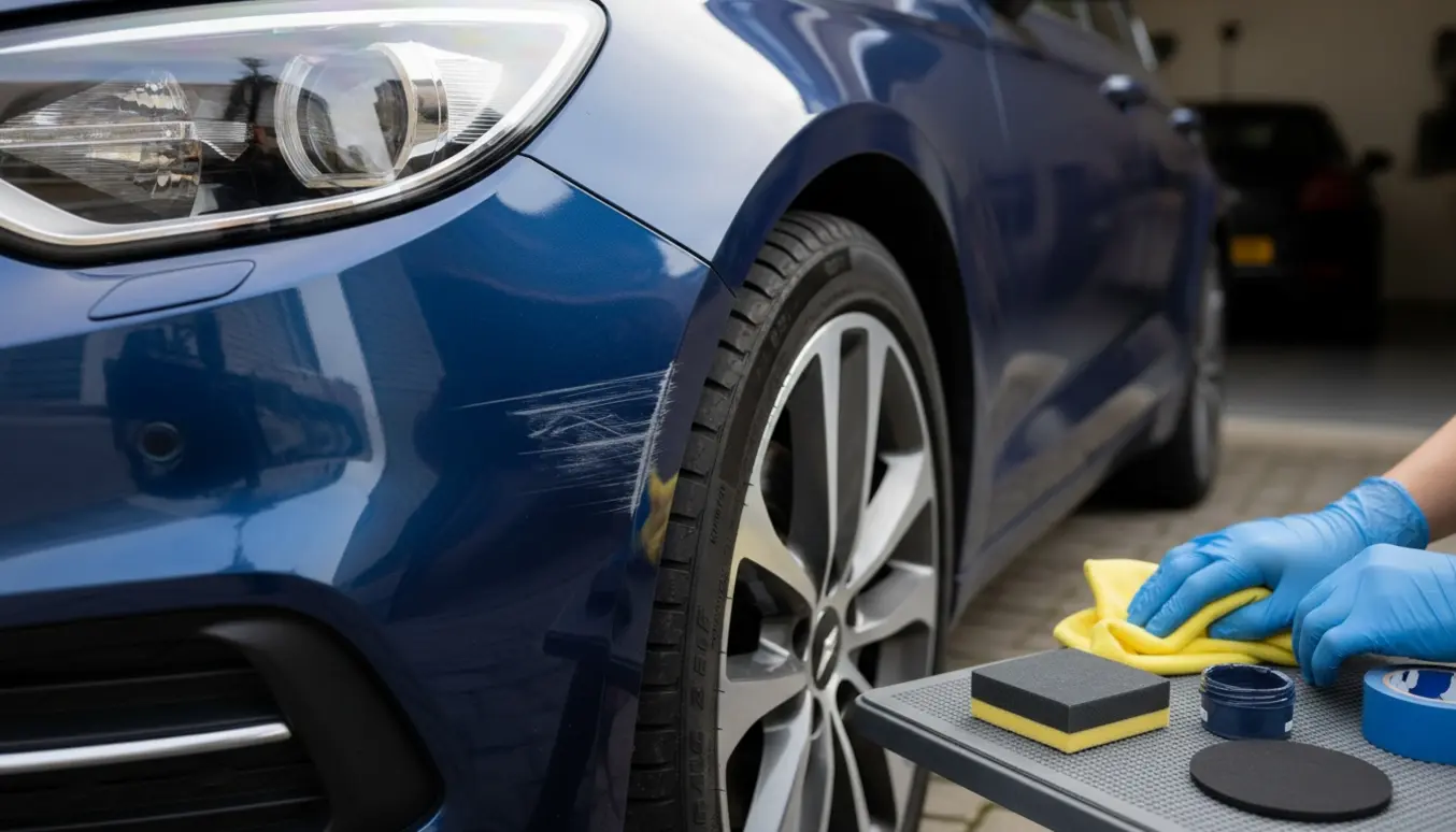 Nærbillede af venstre forskærm på en bil med synlige ridser og reparationsværktøj i forgrunden.