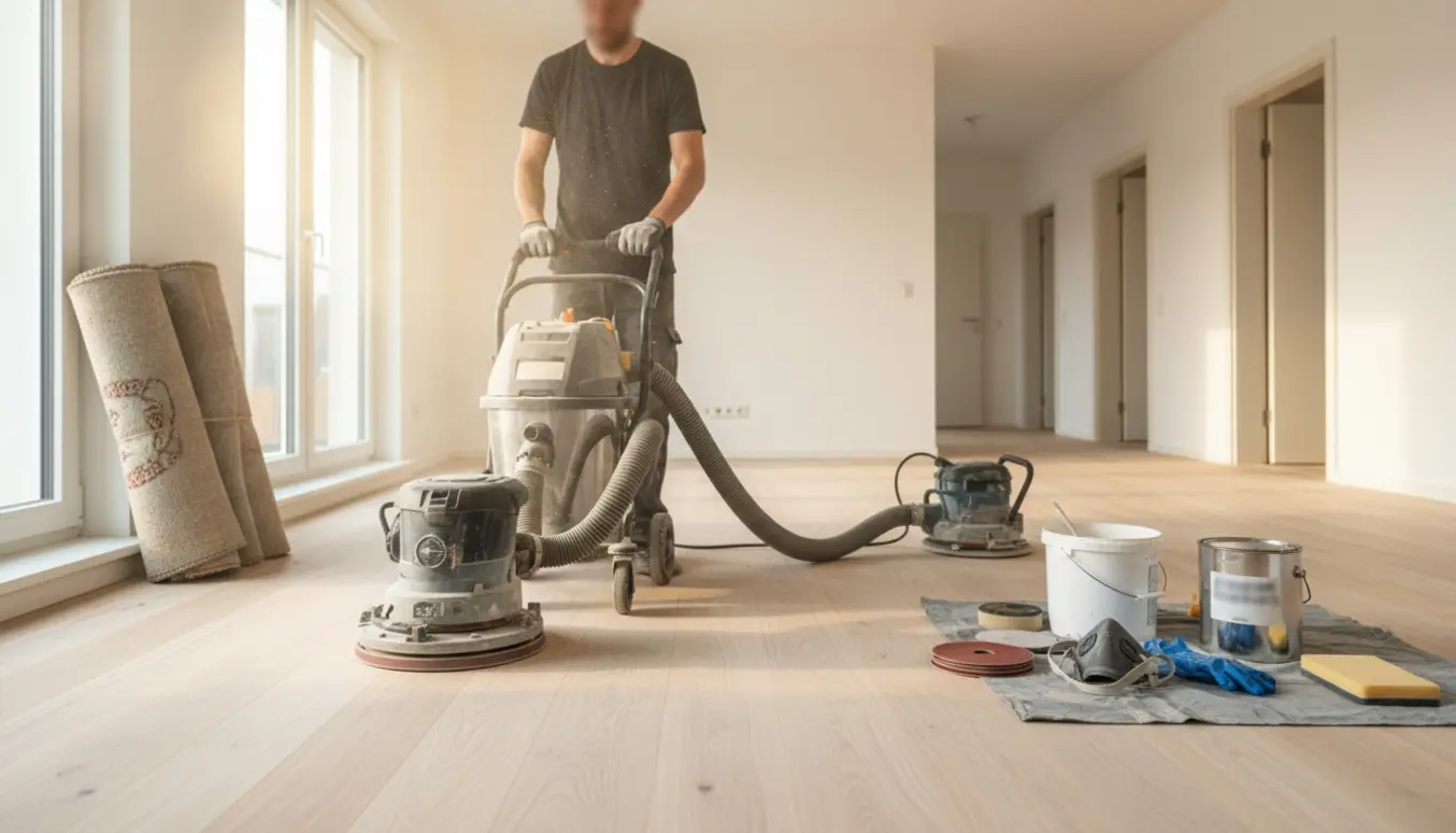 Gulvslibning af bøgeparket i en lys stue med gulvsliber, rullede tæpper og synligt slibestøv.