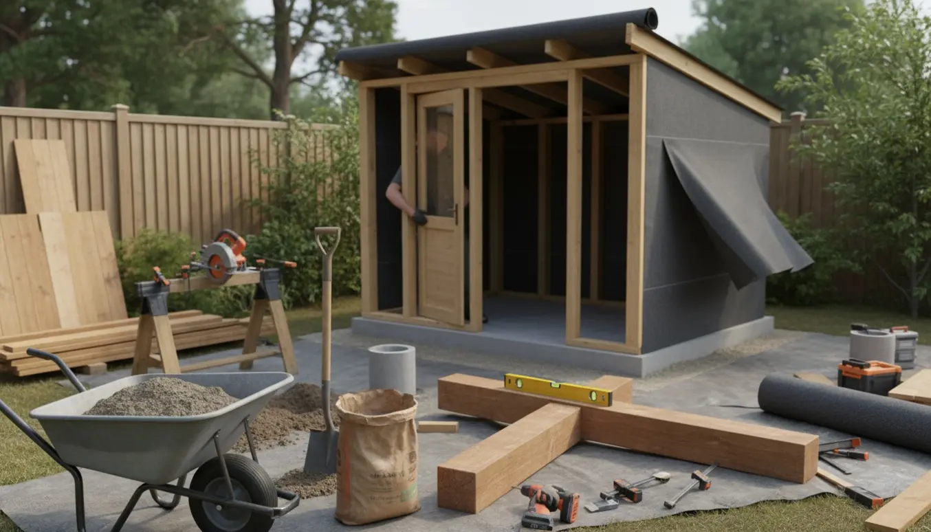 Delvist opført cykelskur i have med træramme, betonfundament, beklædning og værktøj, uden tydelige ansigter.